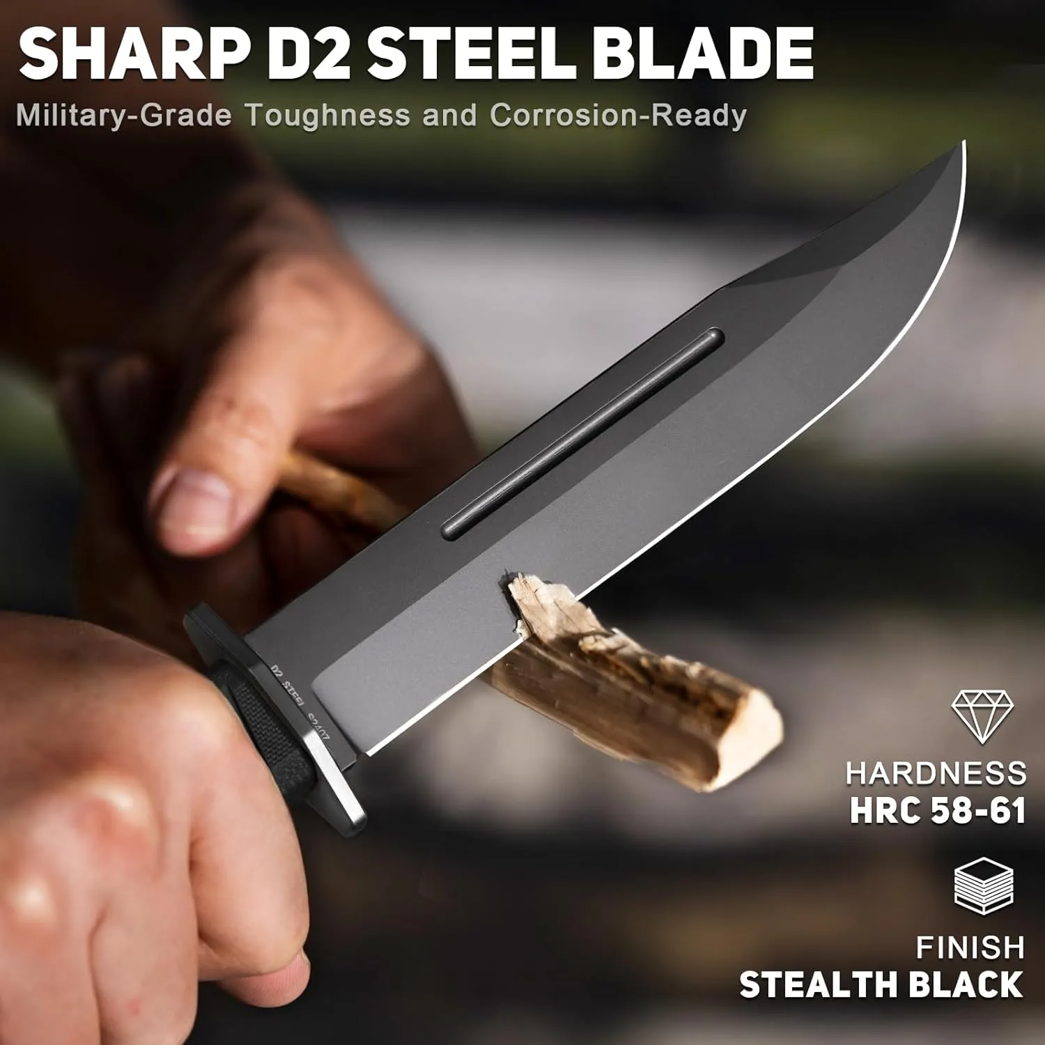 NedFoss BRAVE Fixed Blade Hunting Knife, 6.8" D2 Steel Blade Full Tang Camping Knife with Kydex Sheath, Black G10 Handle, Perfect Outdoor Gifts for Men Women