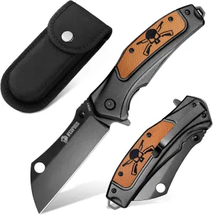 NedFoss Mieba Pocket Knife, 3.5" D2 Steel Pocket Knives & Folding Knives, Tactical Knife Folding Cleaver EDC Knife with Sheath, Pocketclip, Unique Skull G10 Handle Utility Knife