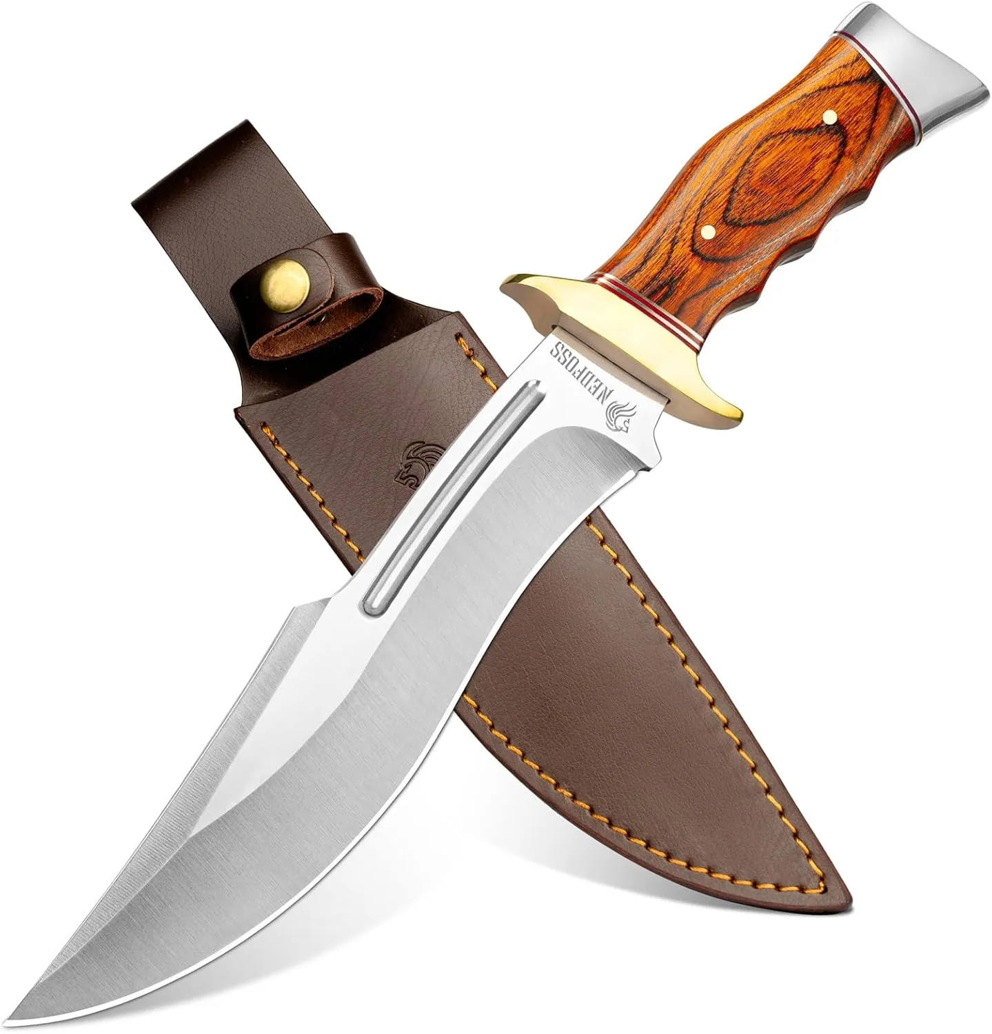NedFoss SA78 Hunting Knife with Leather Sheath, 7" Fixed Blade Outdoor Knife, 440C Stainless Steel, for Bushcraft, Camping, Survival, Gifts for Men Women