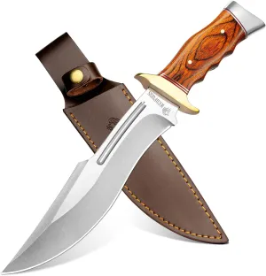 NedFoss SA78 Hunting Knife with Leather Sheath, 7" Fixed Blade Outdoor Knife, 440C Stainless Steel, for Bushcraft, Camping, Survival, Gifts for Men Women