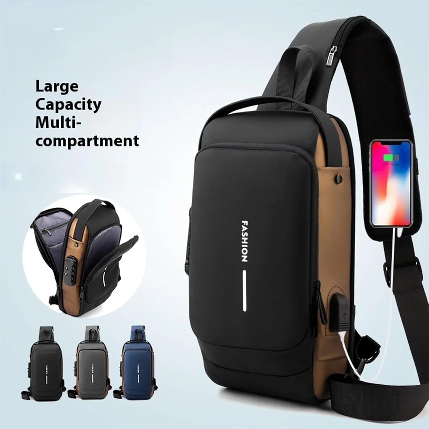 New Carbon Fiber Streamline Anti-Theft Sling Bag, USB Charging Sport Sling Sport Waterproof Anti Theft Shoulder Bag (Black)
