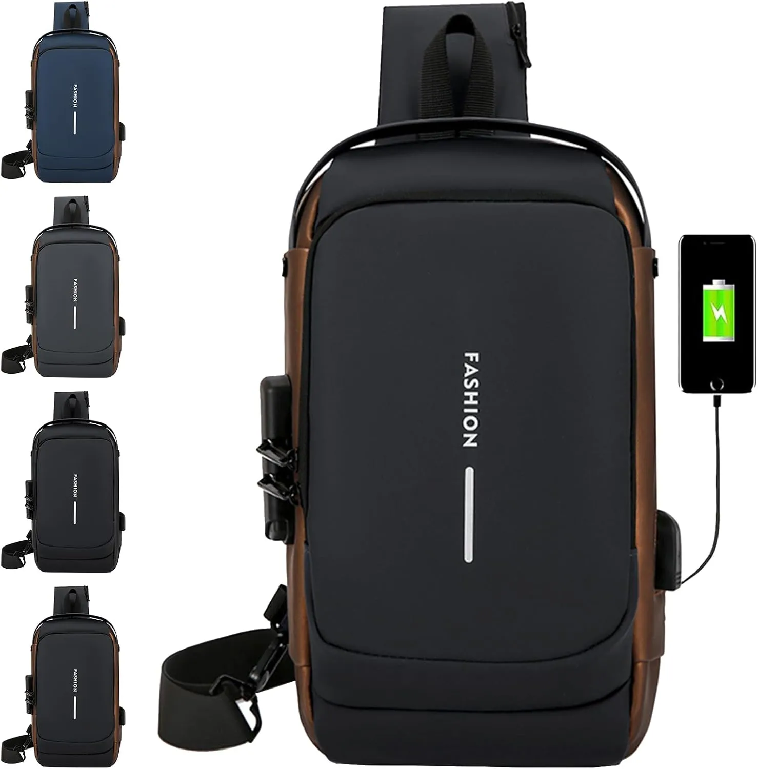 New Carbon Fiber Streamline Anti-Theft Sling Bag, Waterproof USB Crossbody Charging Sport Sling Shoulder Backpack (Black with Brown)