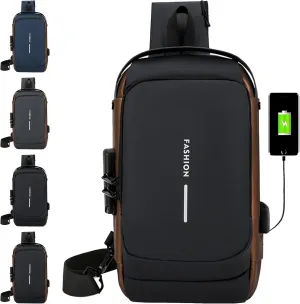 New Carbon Fiber Streamline Anti-Theft Sling Bag, Waterproof USB Crossbody Charging Sport Sling Shoulder Backpack (Black with Brown)