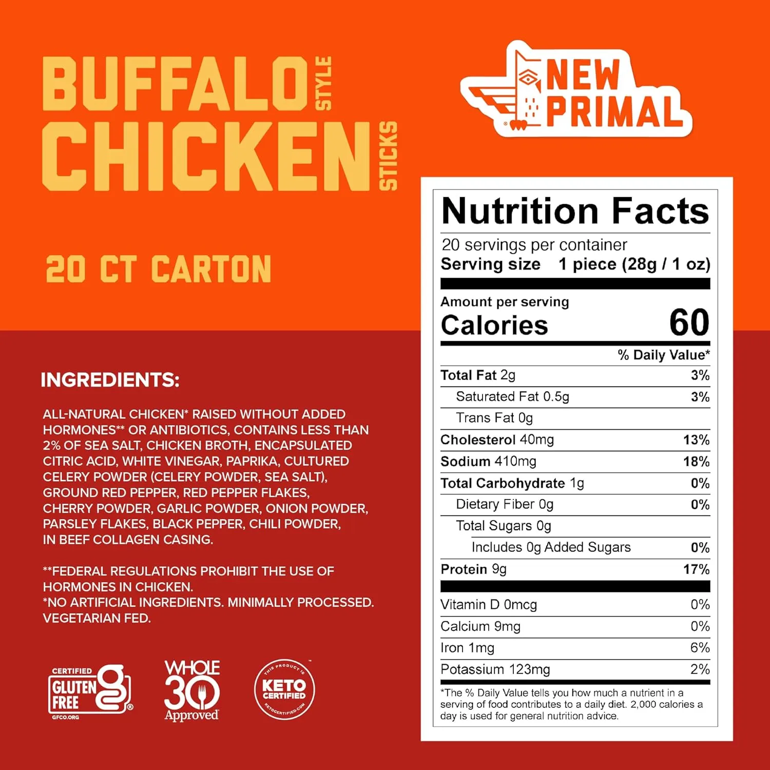 New Primal Buffalo Chicken Sticks, Keto, Gluten Free Healthy Snacks, Sugar Free Low Carb High Protein, Jerky Meat Stick, 9g Protein, 20 Ct
