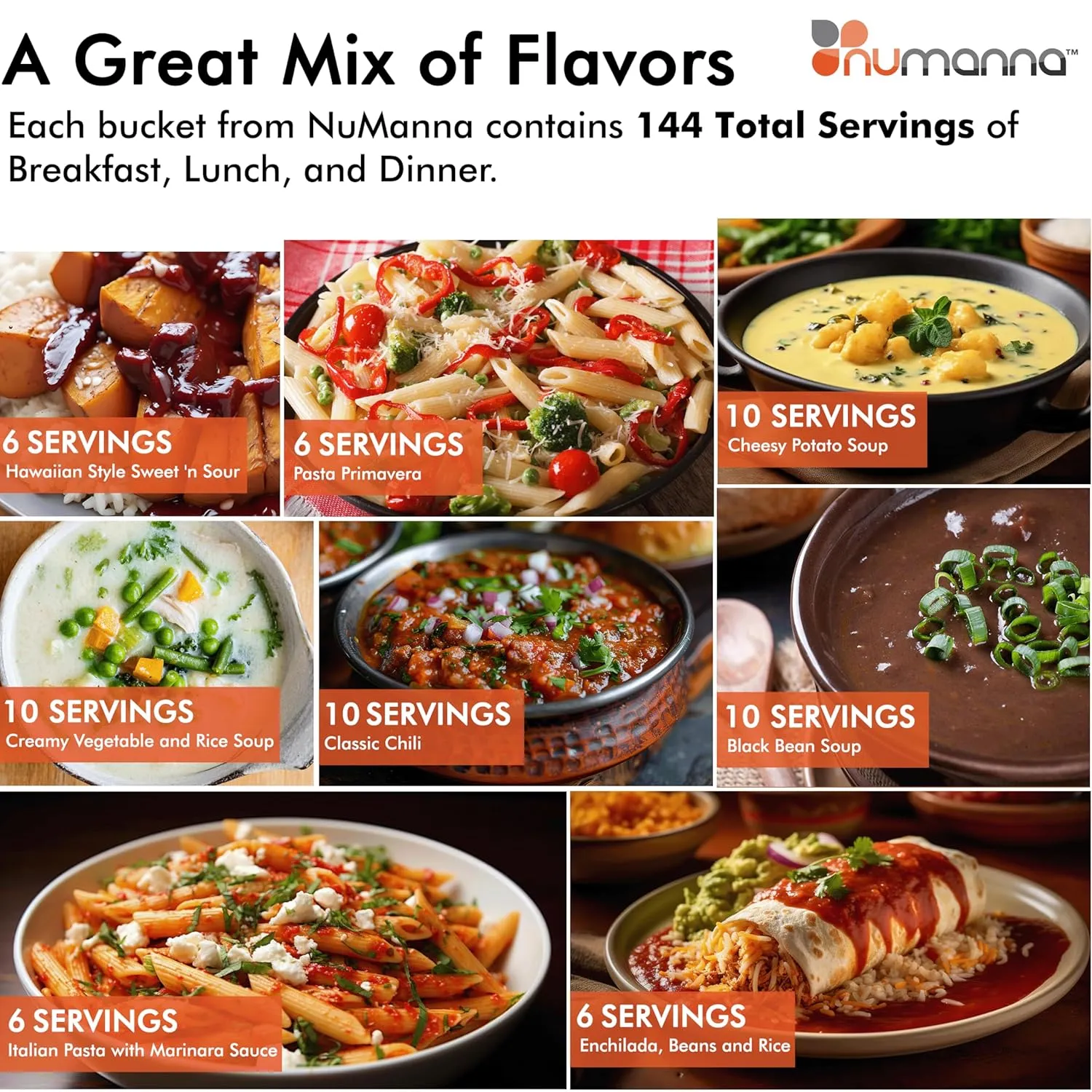 Numanna Family Pack Dozen Buckets 1728 Servings Easy Prep Survival Meals Emergency Food Supply Everyday Meals Camping Food Non-Gmo No Added Preservatives Made in USA 25  Year Shelf Life Long Term Meal