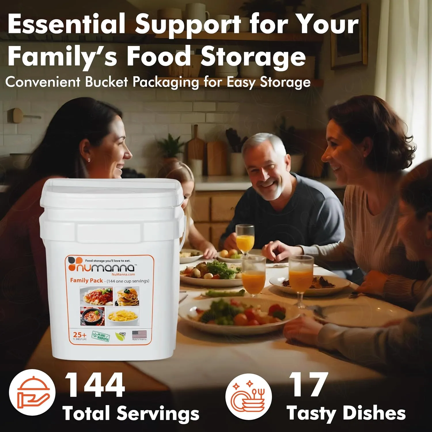 Numanna Family Pack Dozen Buckets 1728 Servings Easy Prep Survival Meals Emergency Food Supply Everyday Meals Camping Food Non-Gmo No Added Preservatives Made in USA 25  Year Shelf Life Long Term Meal