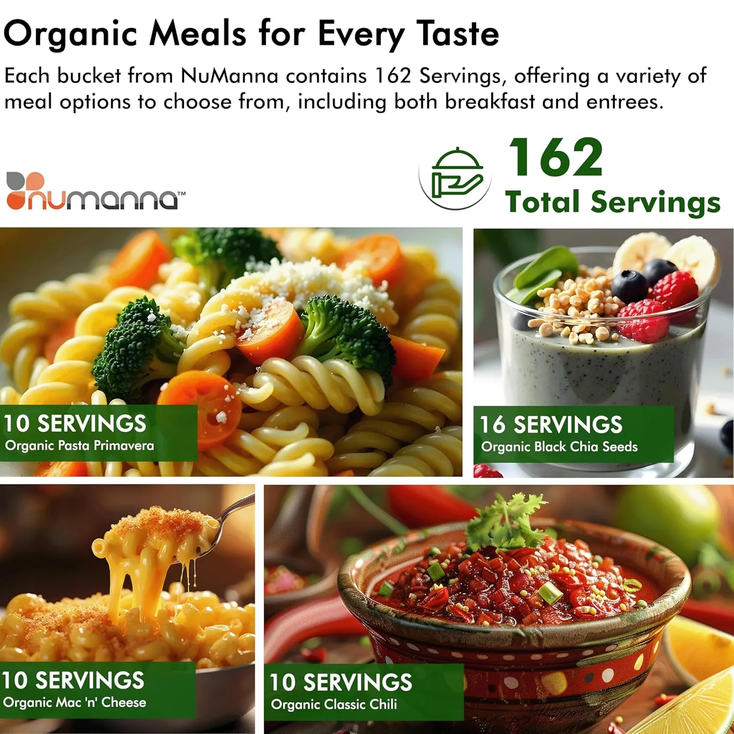 Numanna Freeze Dried Mega USDA Certified Organic Family Pack Buckets 972 Servings Non-GMO, No MSG, 100% CCOF Easy to Prepare Emergency Survival Food or Perfect For Daily Use 25 Years Shelf Life