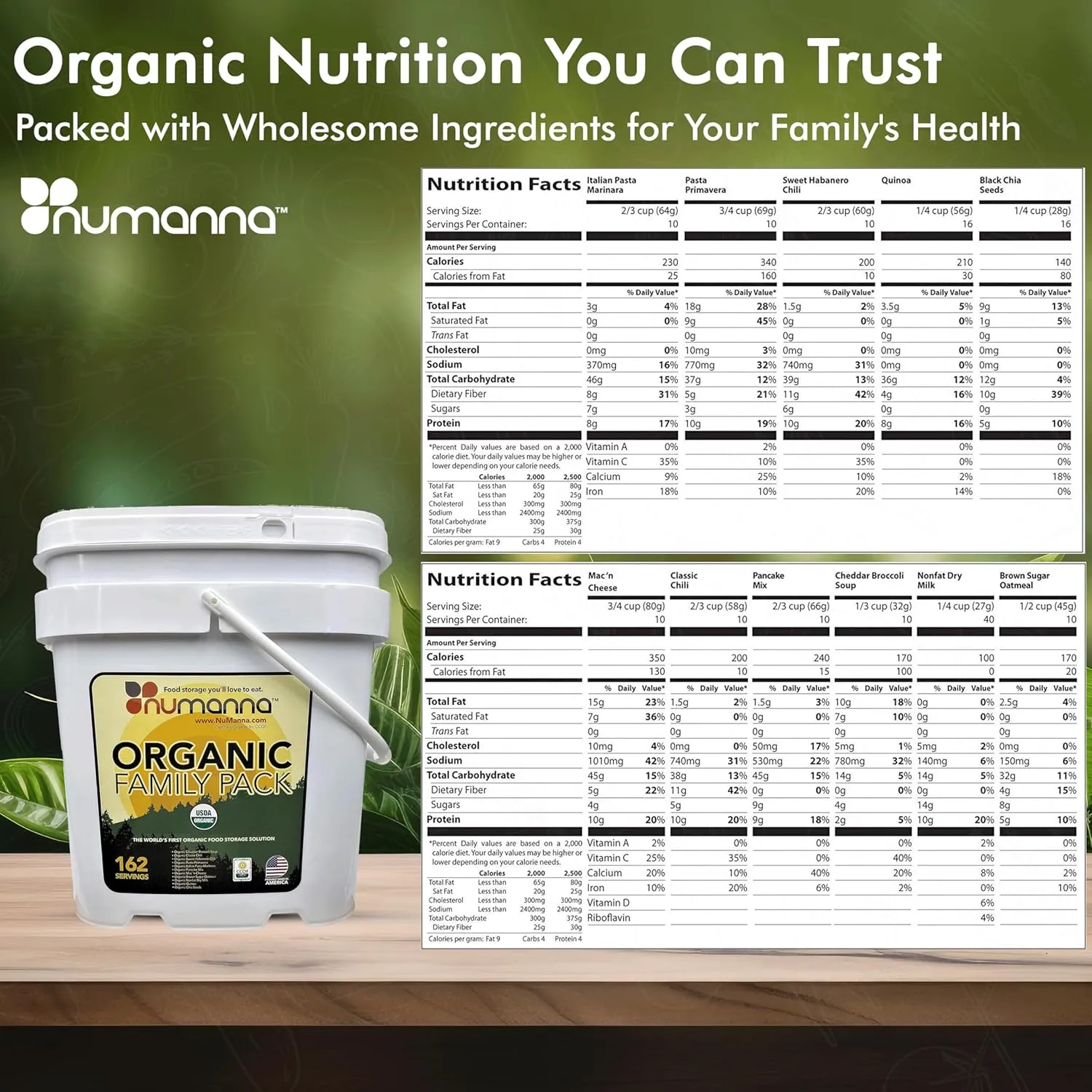 Numanna Freeze Dried Mega USDA Certified Organic Family Pack Buckets 972 Servings Non-GMO, No MSG, 100% CCOF Easy to Prepare Emergency Survival Food or Perfect For Daily Use 25 Years Shelf Life