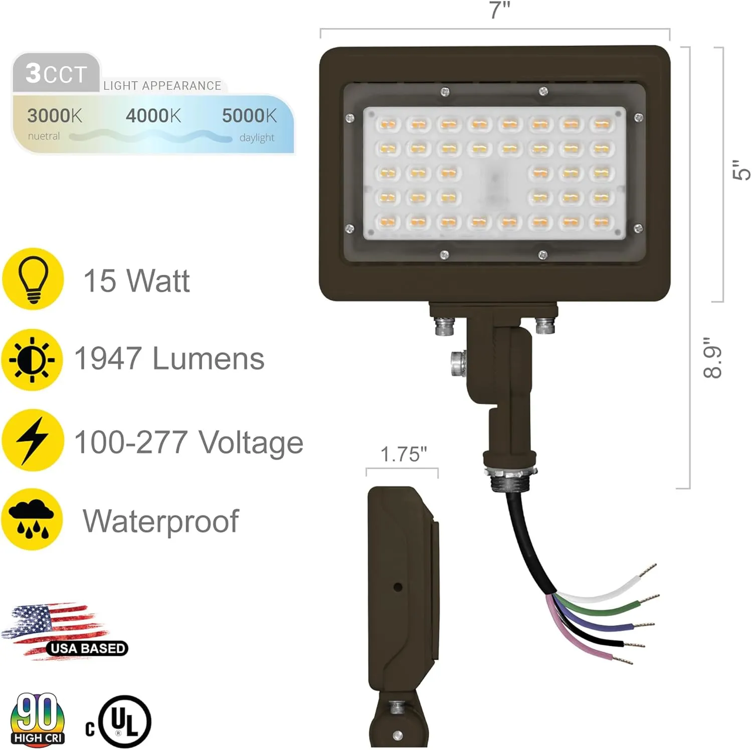 NUWATT 15W LED Flood Light, 3CCT 3000K/4000K/5000K Selectable, IP65 Waterproof Lighting, 1/2" Adjustable Knuckle Mount, 2100 Lumens, 120-277V, Outdoor Security Floodlight for Yard, Bronze, UL