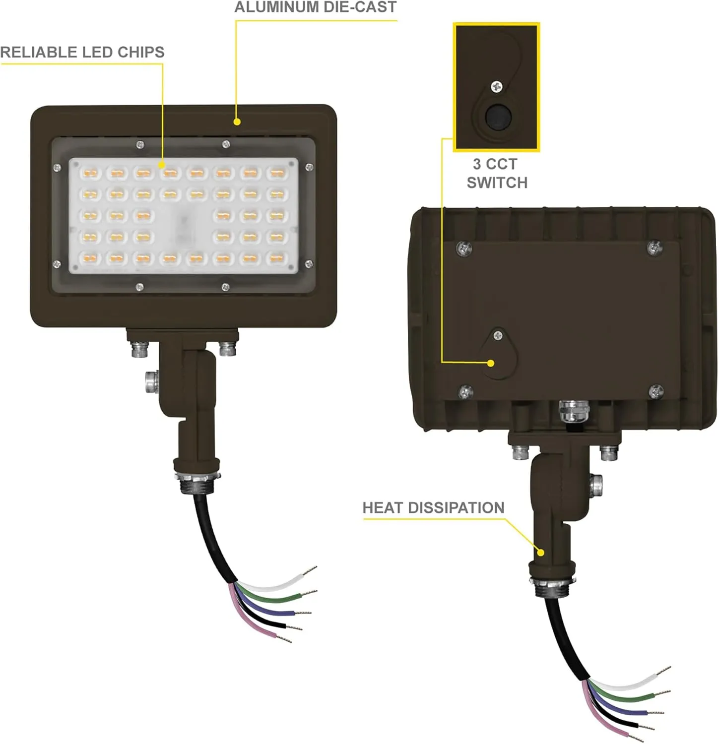 NUWATT 15W LED Flood Light, 3CCT 3000K/4000K/5000K Selectable, IP65 Waterproof Lighting, 1/2" Adjustable Knuckle Mount, 2100 Lumens, 120-277V, Outdoor Security Floodlight for Yard, Bronze, UL