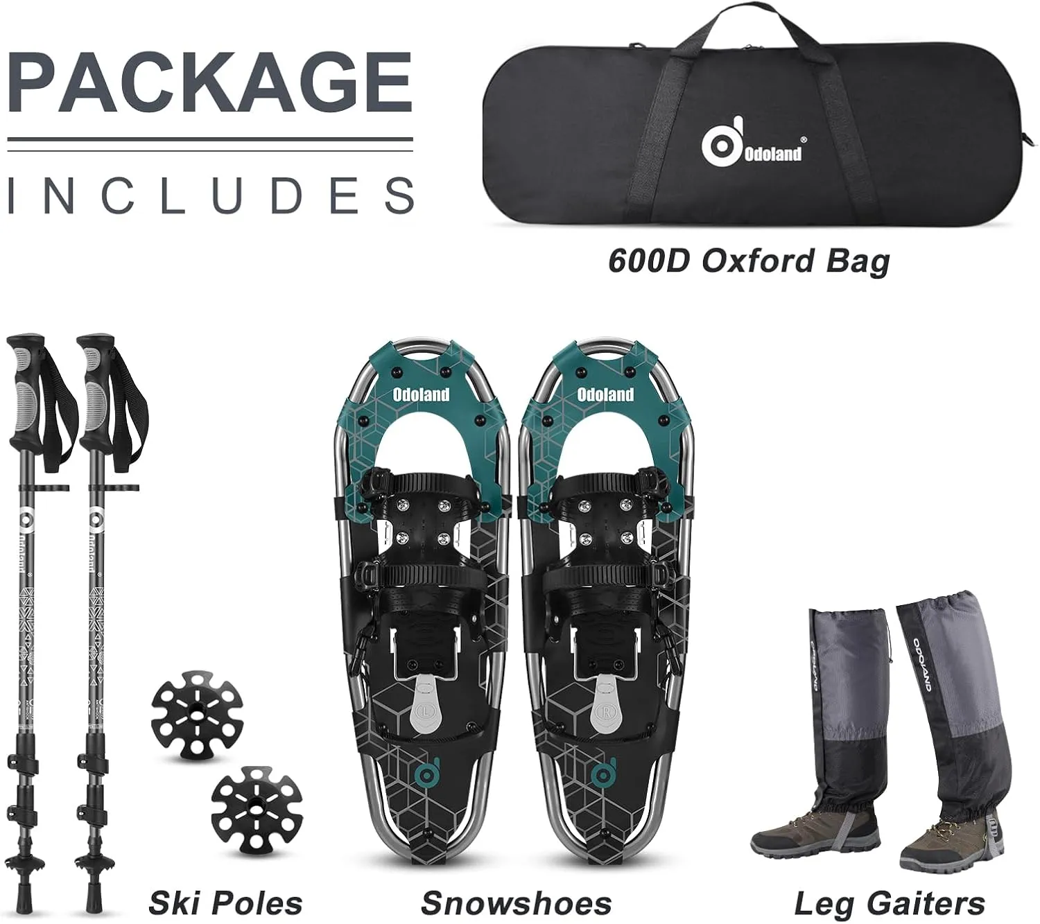 Odoland 21/25/30 Inch Snowshoes with Trekking Poles for Men Women Youth, Waterproof Snow Leg Gaiters and Carrying Bag, Lightweight Aluminum, Heel Lift, Snow Shoes Easy to Wear