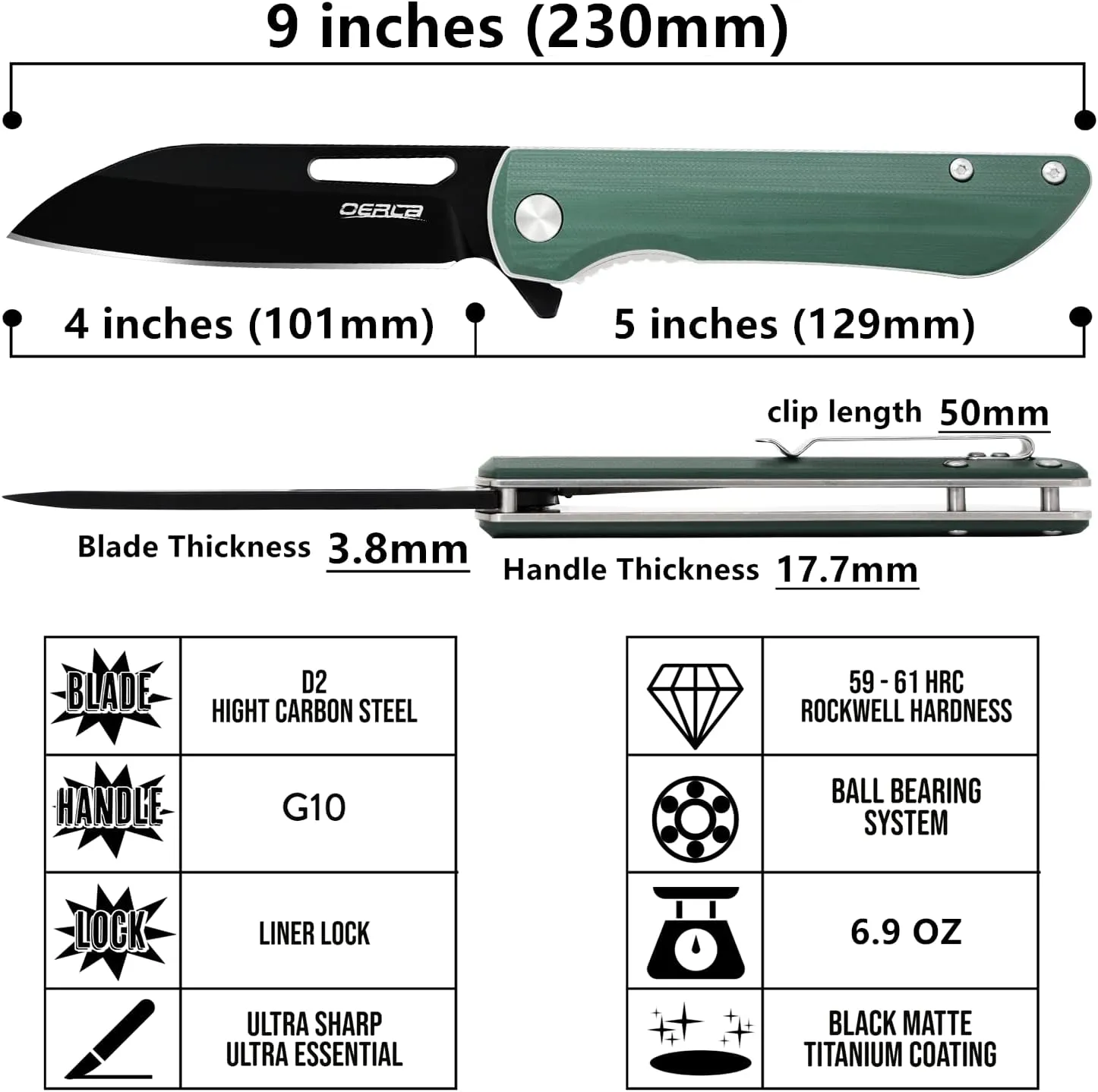OERLA Knight EDC Folding Pocket Knife 4" D2 Steel Blade with G10 Handle and Deep Pocket Clip for Men and Women of Outdoor Camping Survival and Hiking Knives