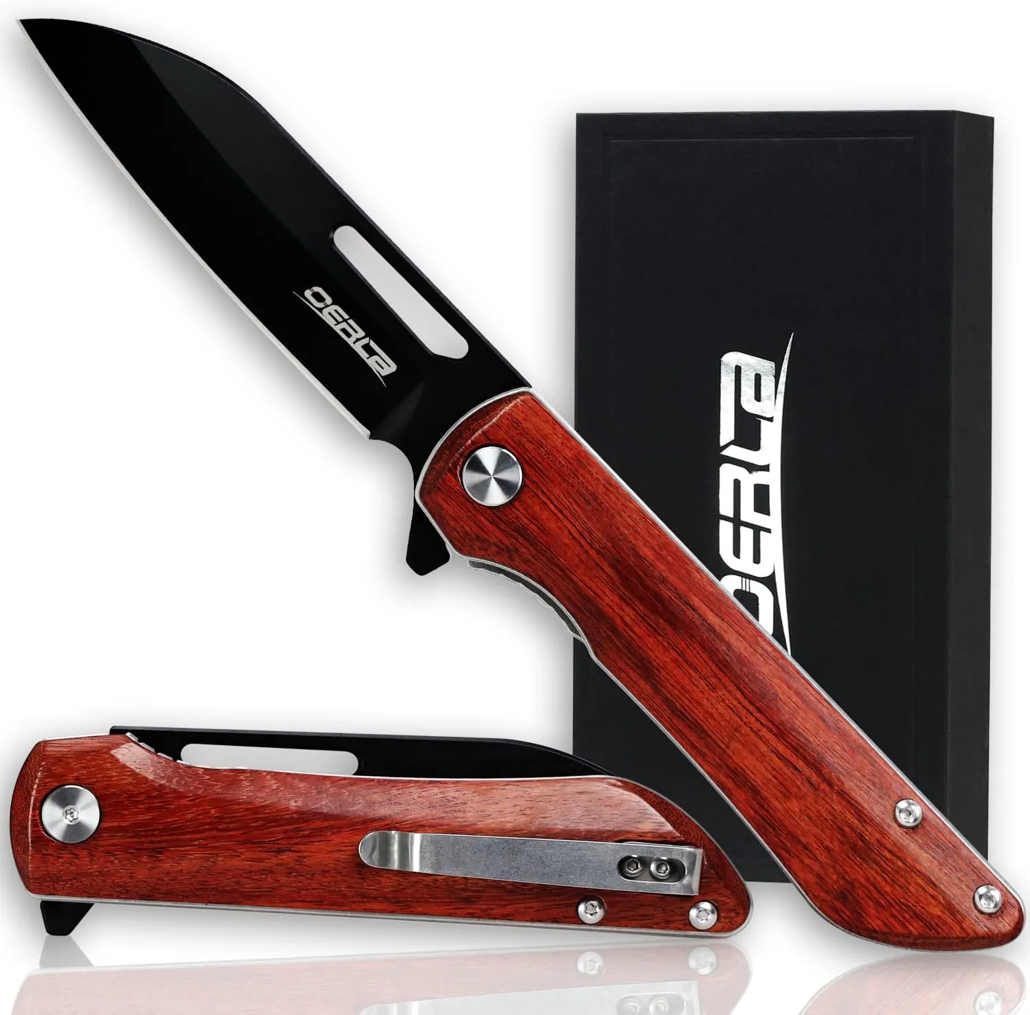 OERLA Knight EDC Folding Pocket Knife 4" D2 Steel Blade with Rosewood Handle and Deep Pocket Clip for Men and Women of Outdoor Camping Survival and Hiking Knives