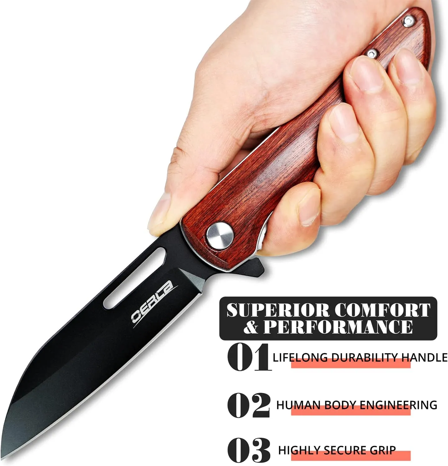 OERLA Knight EDC Folding Pocket Knife 4" D2 Steel Blade with Rosewood Handle and Deep Pocket Clip for Men and Women of Outdoor Camping Survival and Hiking Knives