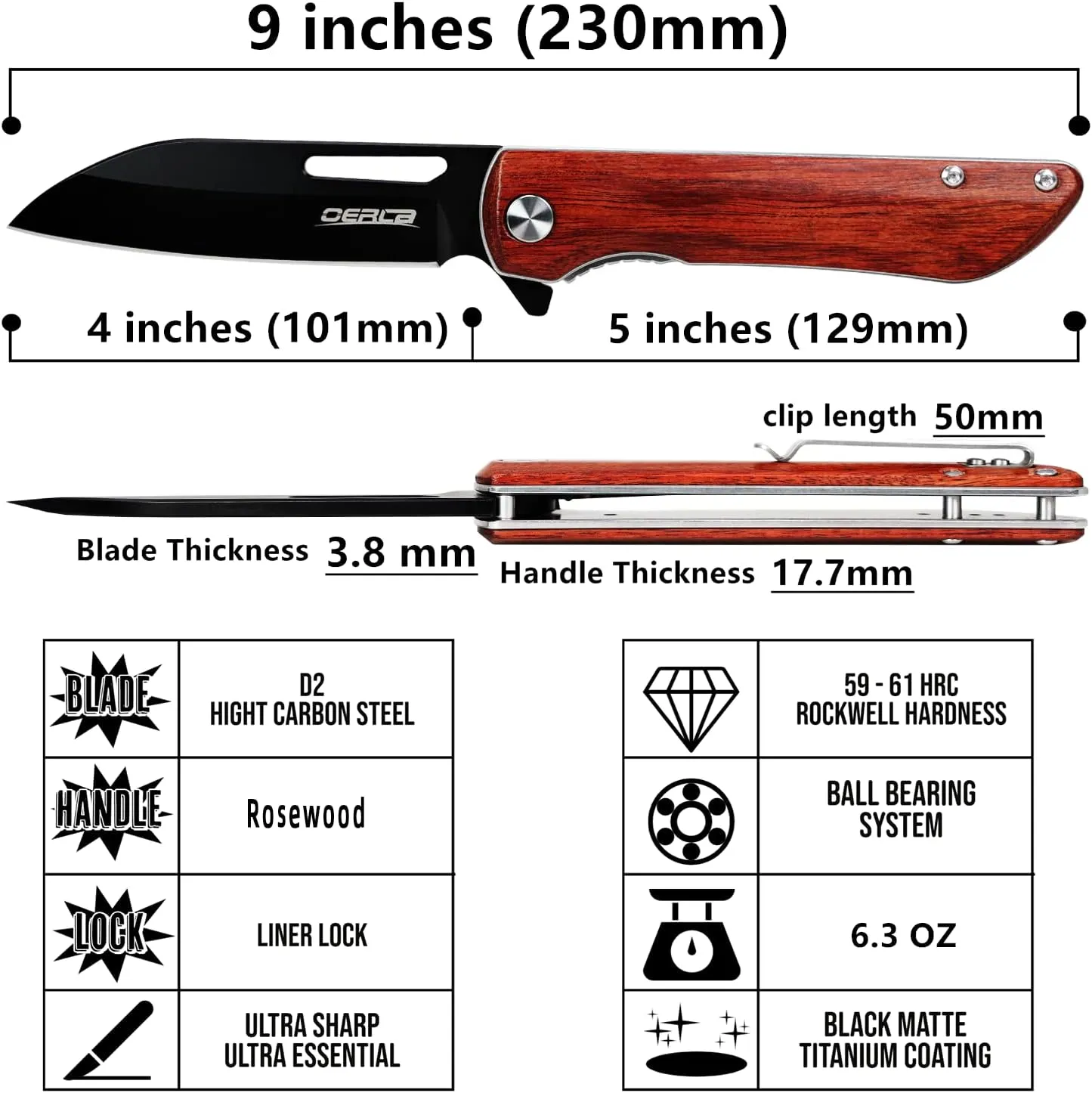 OERLA Knight EDC Folding Pocket Knife 4" D2 Steel Blade with Rosewood Handle and Deep Pocket Clip for Men and Women of Outdoor Camping Survival and Hiking Knives