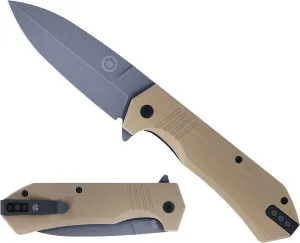 Off-Grid Knives - Stinger XL Folding Knife w. Spear Point Blade, Crucible 154CM Steel, G10 Scales, Deep Carry Clip (Coyote)