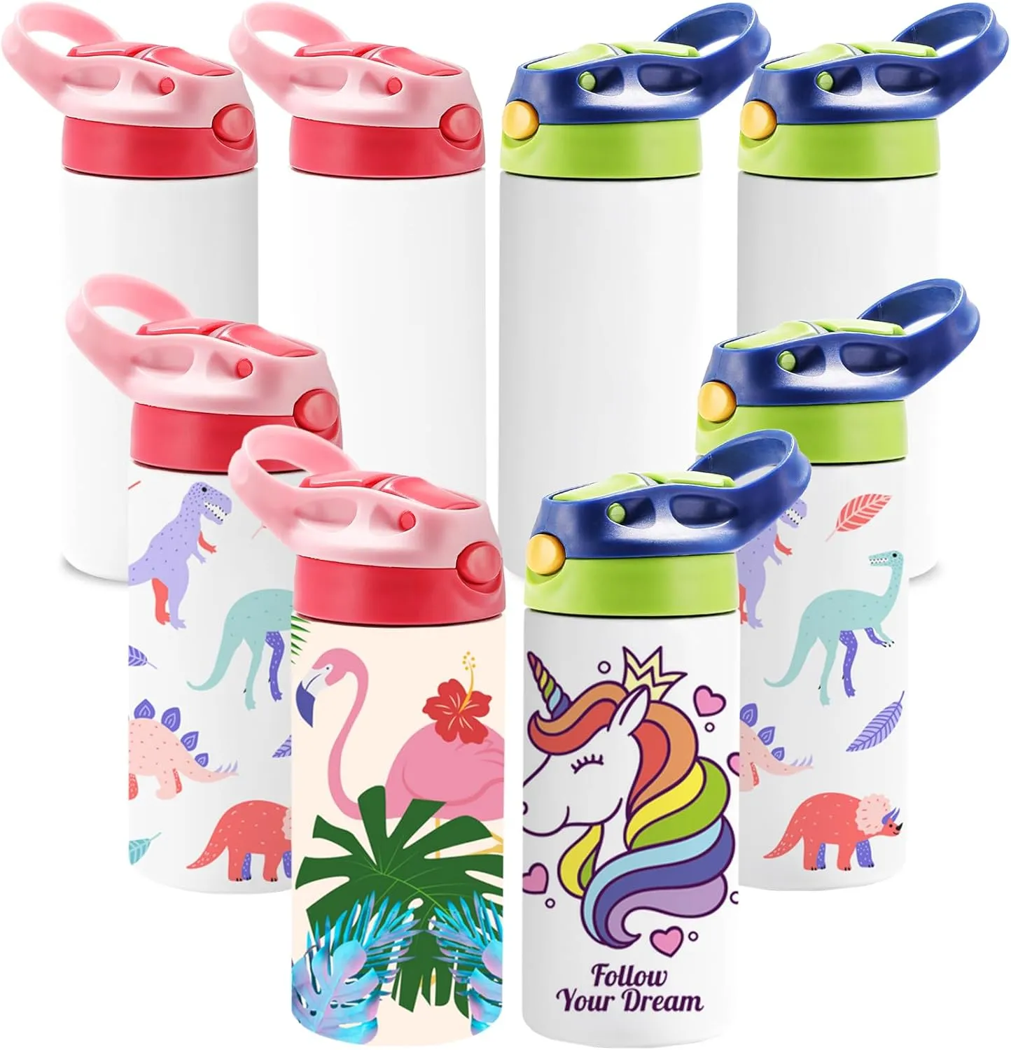 OFFNOVA 12oz Kids Sublimation Tumbler, 8 Pack Kids Sublimation Tumbler Blank with One-click Pop-up Straw and Handle for Heat Transfer, Children Sublimation Cups for Milk, Soda, Juice, Drinks