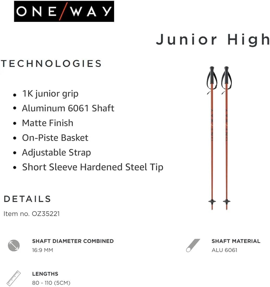 ONE Way Junior High Ski Poles - Durable Lightweight Aluminum Easy-to-Use Outdoor Winter Sports Downhill Alpine Ski Poles with Ergonomic Grip & Adjustable Strap