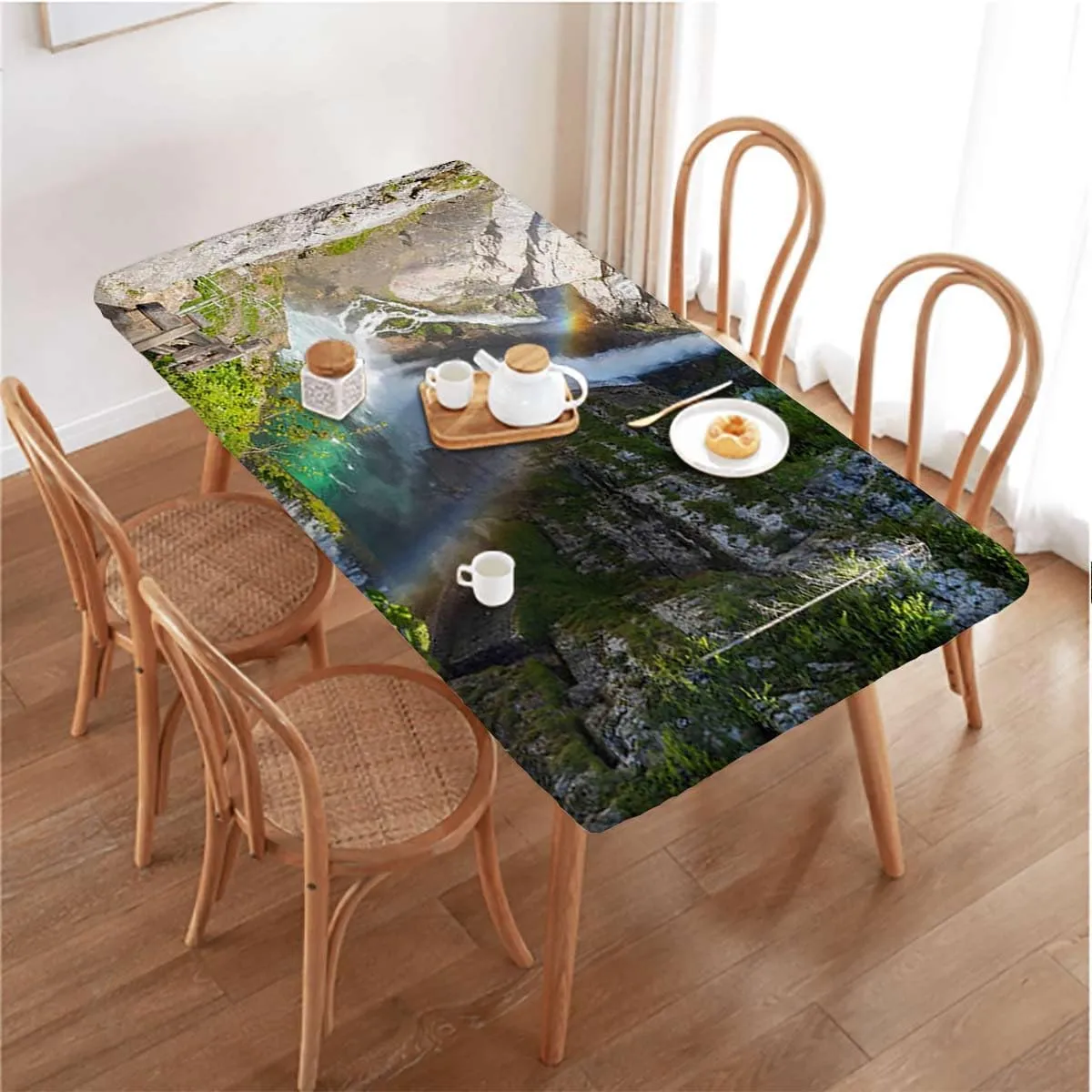 OOzie Green Elastic Edged Table Covers Park Alpine Forest Natural Scenic Elastic Tablecloth for Rectangle Table for Outdoor Picnics Dining Holiday Farm House Decor Fits up 4 Foot Tables