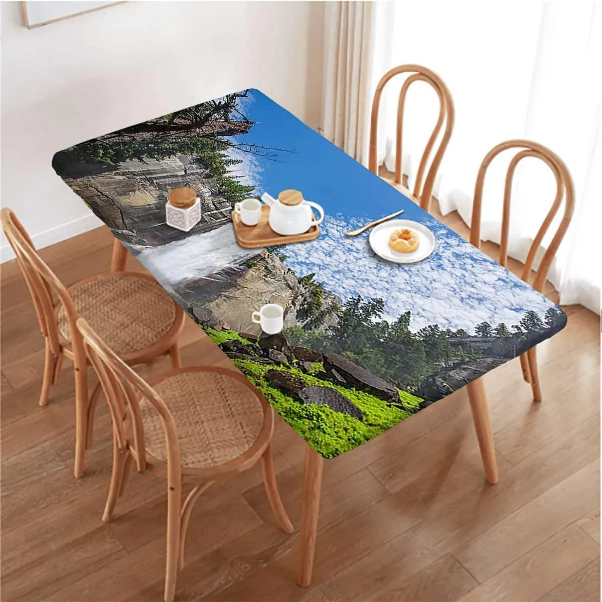 OOzie Green Tablecloth Fitted Rectangle Park Alpine Forest Natural Scenic Protector with Elastic for Rectangle Picnic Tables, Washable Farm House Decor Fits up 4 Foot Tables