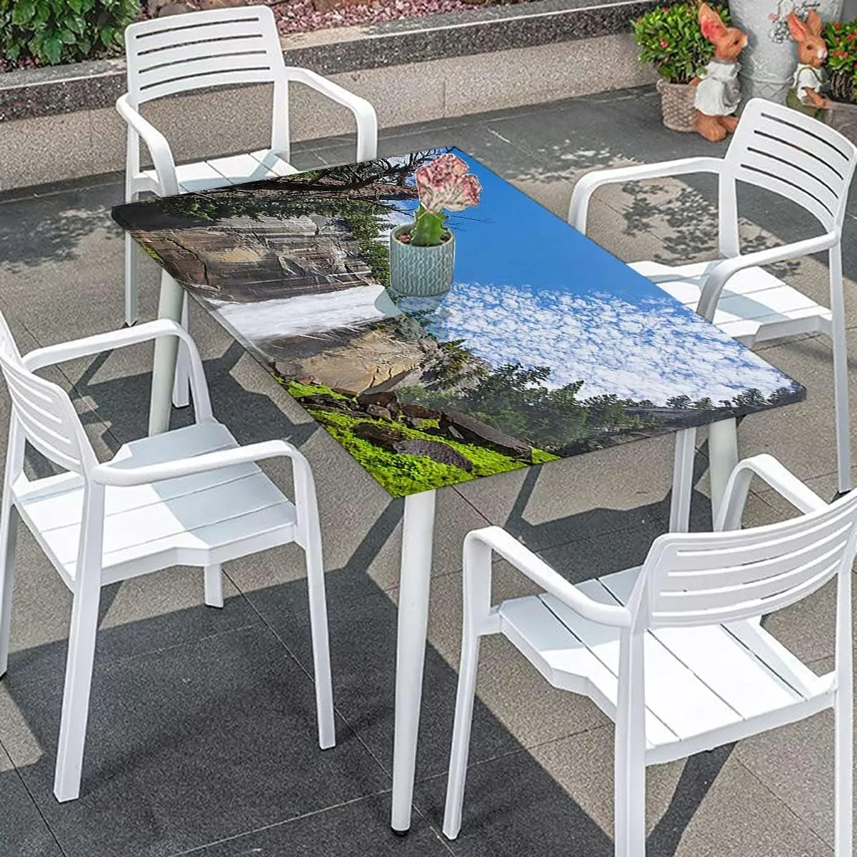 OOzie Green Tablecloth Fitted Rectangle Park Alpine Forest Natural Scenic Protector with Elastic for Rectangle Picnic Tables, Washable Farm House Decor Fits up 4 Foot Tables