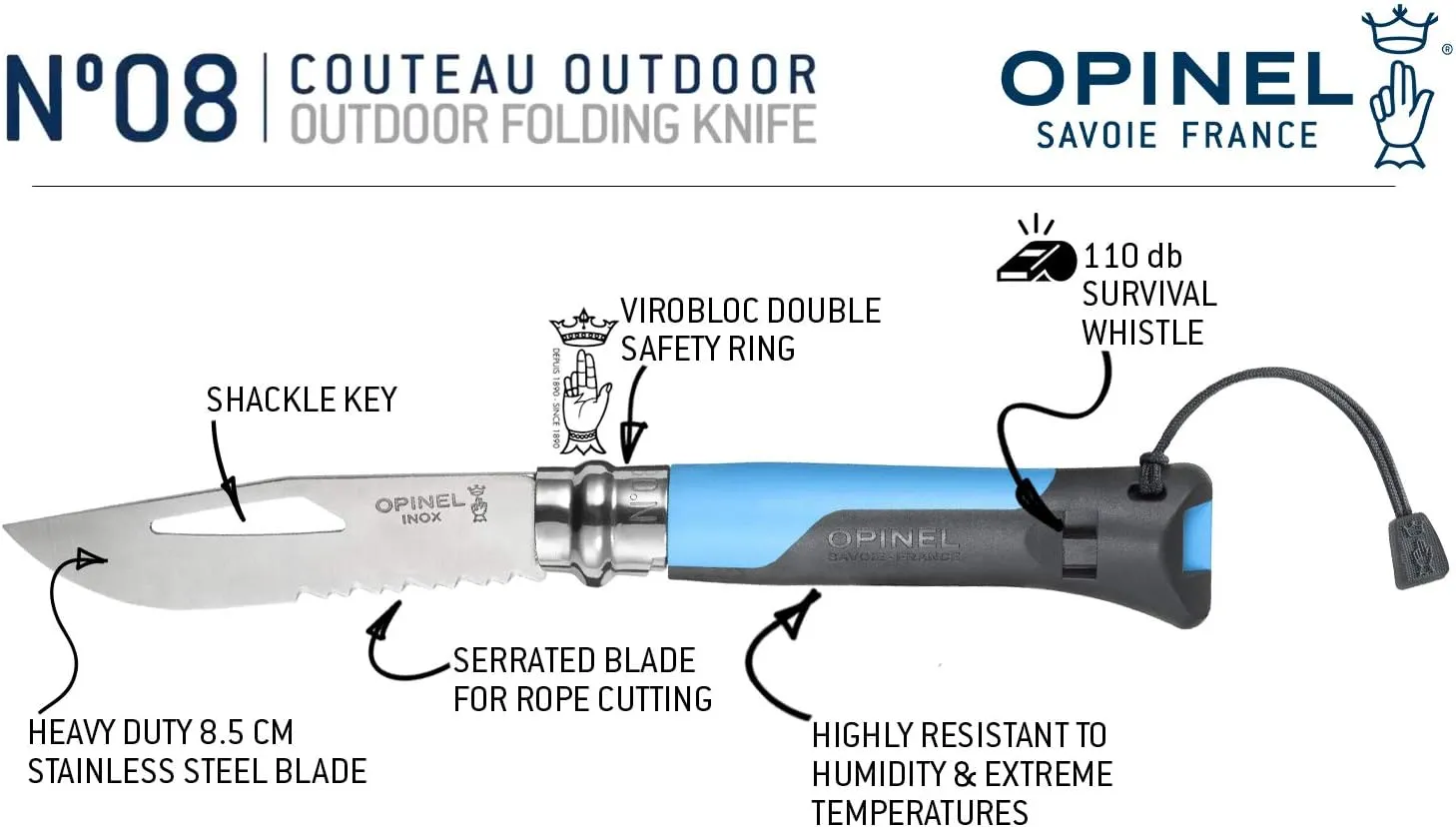 Opinel No.8 Outdoor - Stainless Steel Knife and Survival Tool