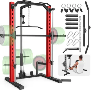 OPPSDECOR All-in-One Adjustable Smith Machine with LAT-Pull Down System Multi-Function Power Cage for Home Gym Cable Crossover Squat Rack of Workout Machine Training Equipment with Attachments