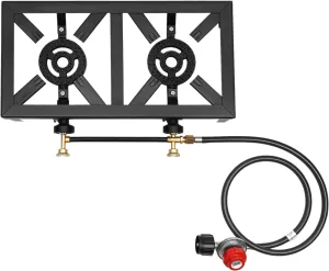 Outdoor Gas Stove Propane Cooker Portable Double Burner with Adjustable 0-10Psi Regulator Hose for Patio Camping BBQ Turkey Fry Camping Stove Maple Syrup Prep