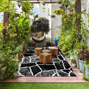 Outdoor Rug 5x8 Waterproof for Patios Clearance Camping Large Floor Mats for RV Backyard Deck Balcony Porch Washable No Slip Thin Durable Carpet Natural Rustic Black and White Stone Pattern Rugs