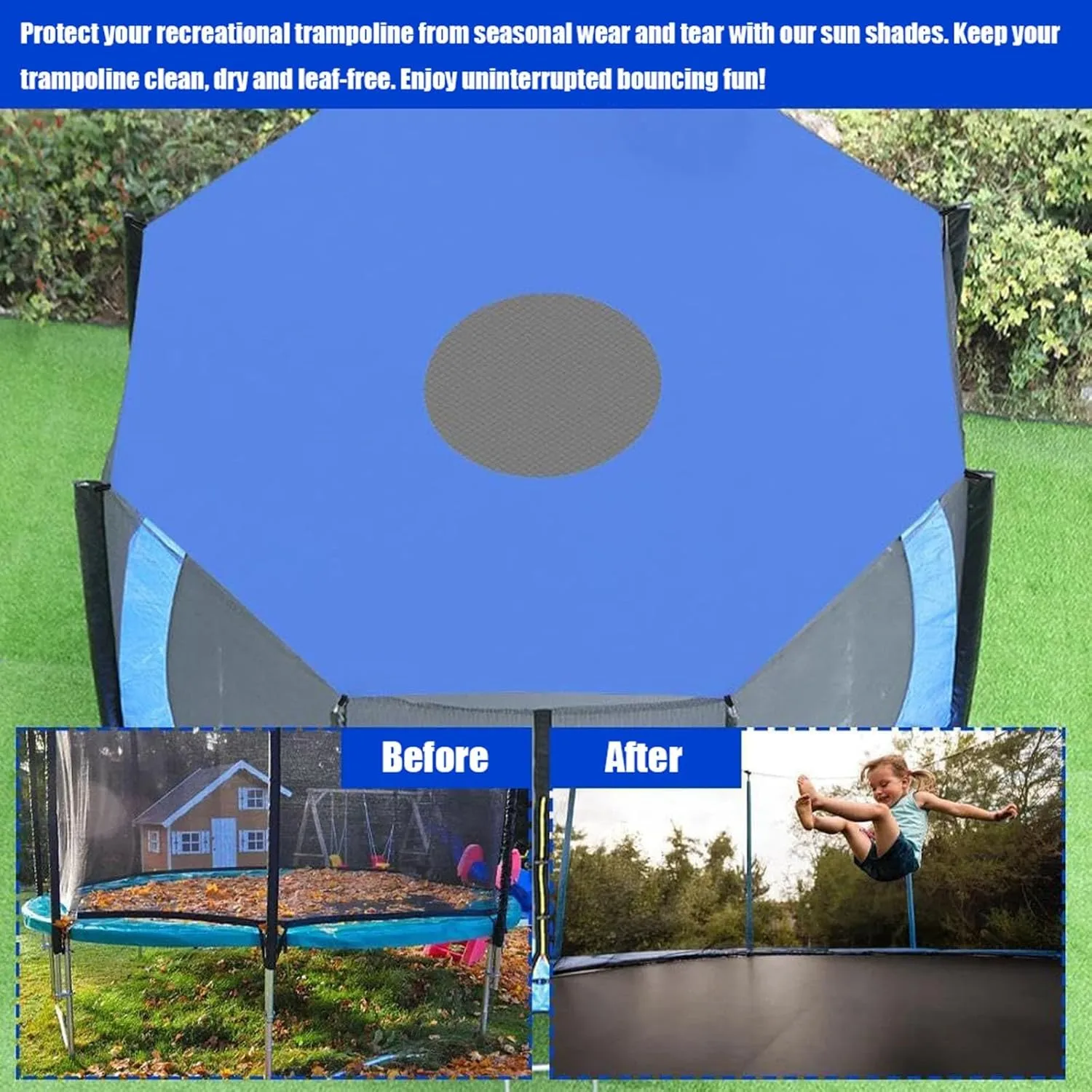 Outdoor Trampoline Shade Cover Awning, Rip-Stop Waterproof Trampoline Top Cover Universal Trampoline Tent Cover for Outdoor Playground(Blue,6ft-6 Poles)