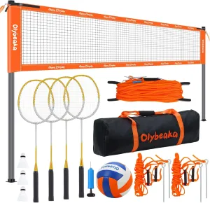 Outdoor Volleyball Badminton Combo Set with Net, Anti-Sagging Design, 4 Badminton Rackets, 3 Birdies and PU Volleyball for Backyard Lawn Beach