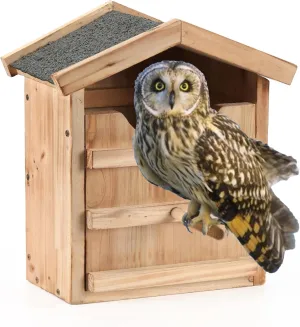 Owl House Prebuilt Box for Outside Screech Owls & Kestrels - Large Handmade Wooden Rectangular Opening Bird Box with Stand, Mounting Screws, Easy Assembly