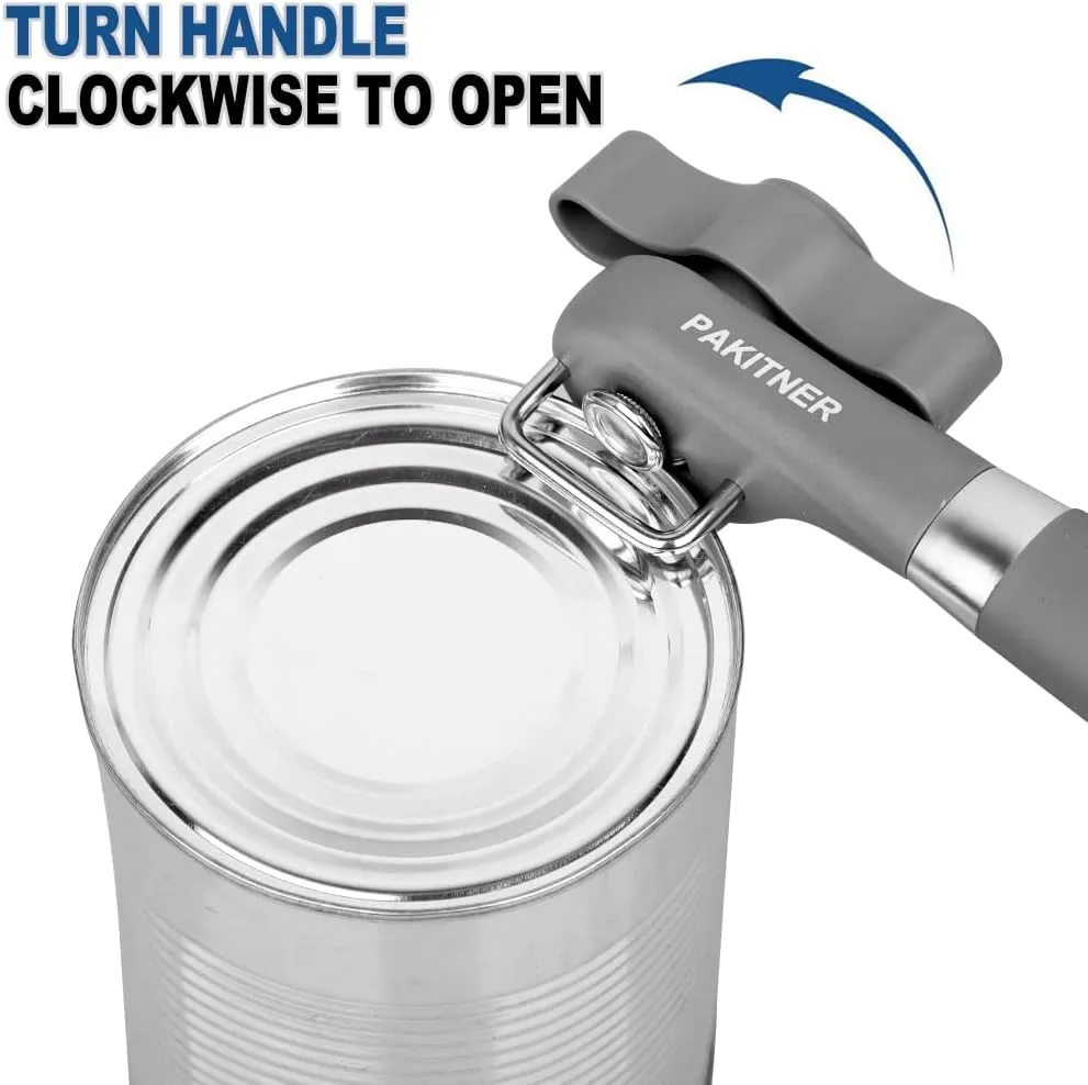 PAKITNER- Cut safe can opener, Manual can opener smooth edge - handheld Side cut can opener with Sharp Blade, Comfortable Grip Handle Food Grade Stainless Steel Cutting Can Opener, Gray