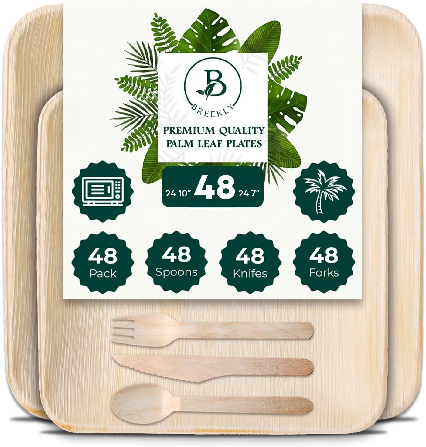 Palm Leaf Plates 48 Sets of 10 Inch & 7 Inch with 48 Each Pcs of Knife, Spoon & Fork, Bamboo Plates Disposable for Appetizers, Biodegradable Wooden Plate for Parties, Catering,BBQ & Large Events