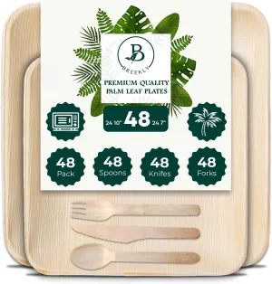 Palm Leaf Plates 48 Sets of 10 Inch & 7 Inch with 48 Each Pcs of Knife, Spoon & Fork, Bamboo Plates Disposable for Appetizers, Biodegradable Wooden Plate for Parties, Catering,BBQ & Large Events