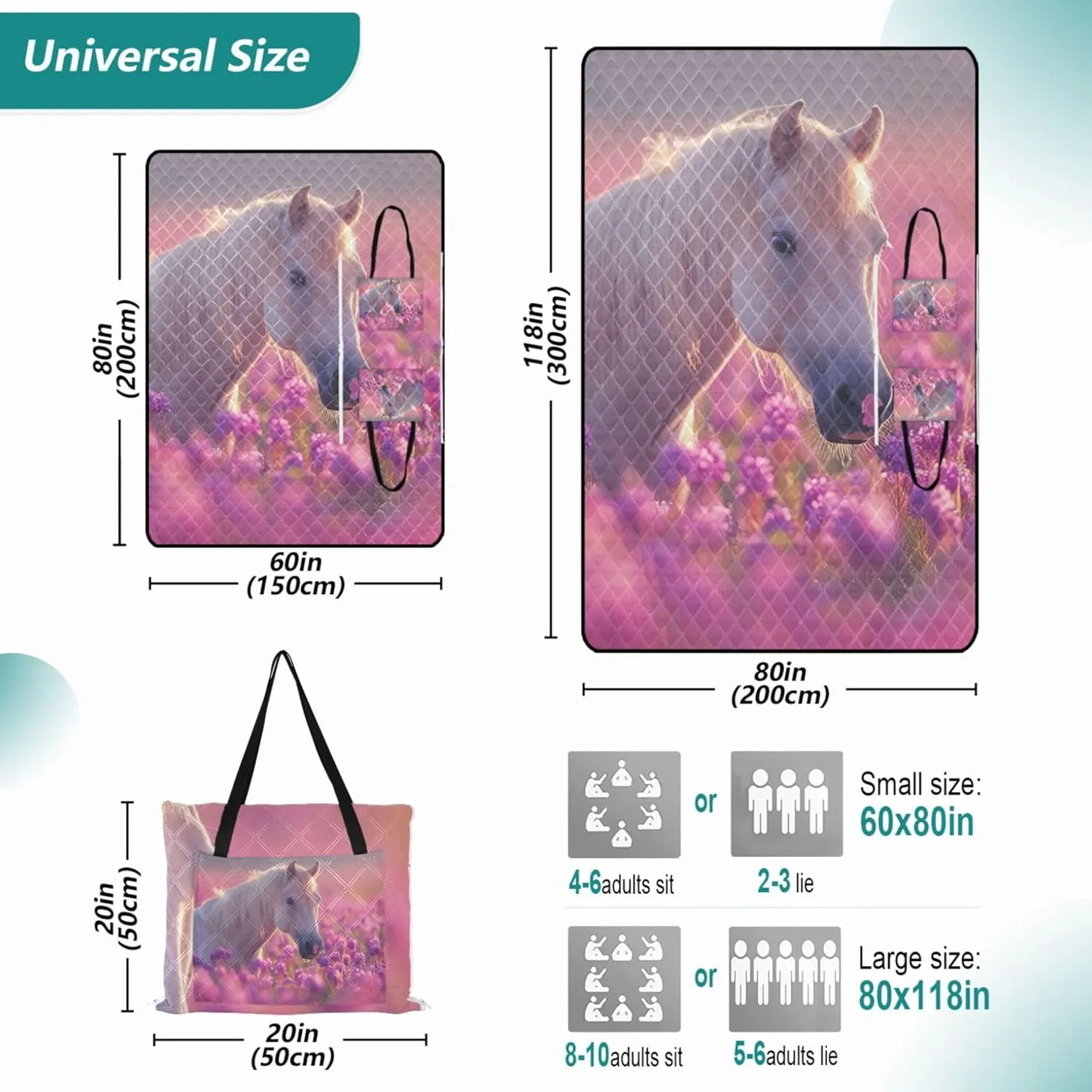 Palomino Horse Lavender Flower Picnic Supplies Foldable Mat Beach Blanket Waterproof Sandproof Floral Grass Mats for Camping 80" x 60"