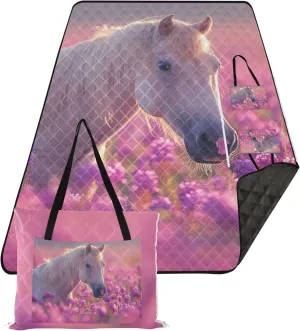 Palomino Horse Lavender Flower Picnic Supplies Foldable Mat Beach Blanket Waterproof Sandproof Floral Grass Mats for Camping 80" x 60"