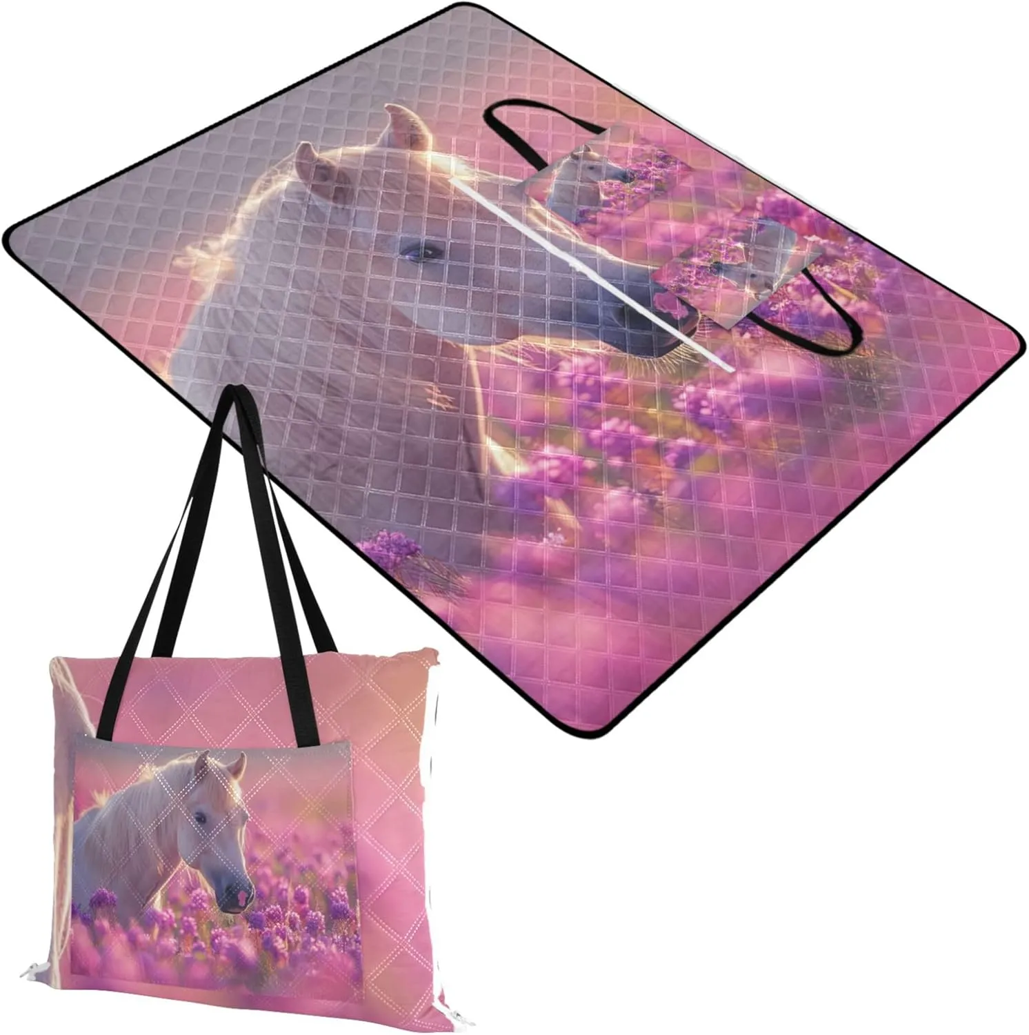 Palomino Horse Lavender Flower Picnic Supplies Foldable Mat Beach Blanket Waterproof Sandproof Floral Grass Mats for Camping 80" x 60"