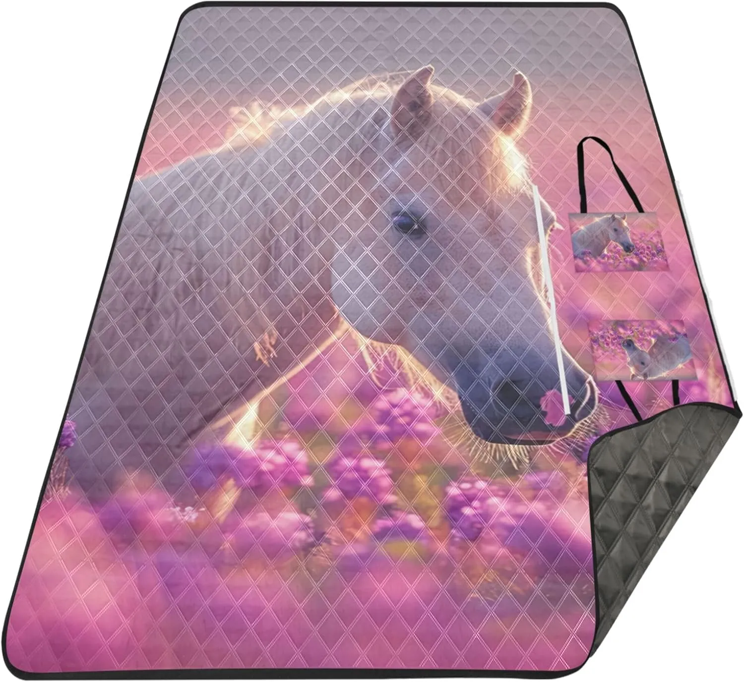 Palomino Horse Lavender Flower Picnic Supplies Foldable Mat Beach Blanket Waterproof Sandproof Floral Grass Mats for Camping 80" x 60"