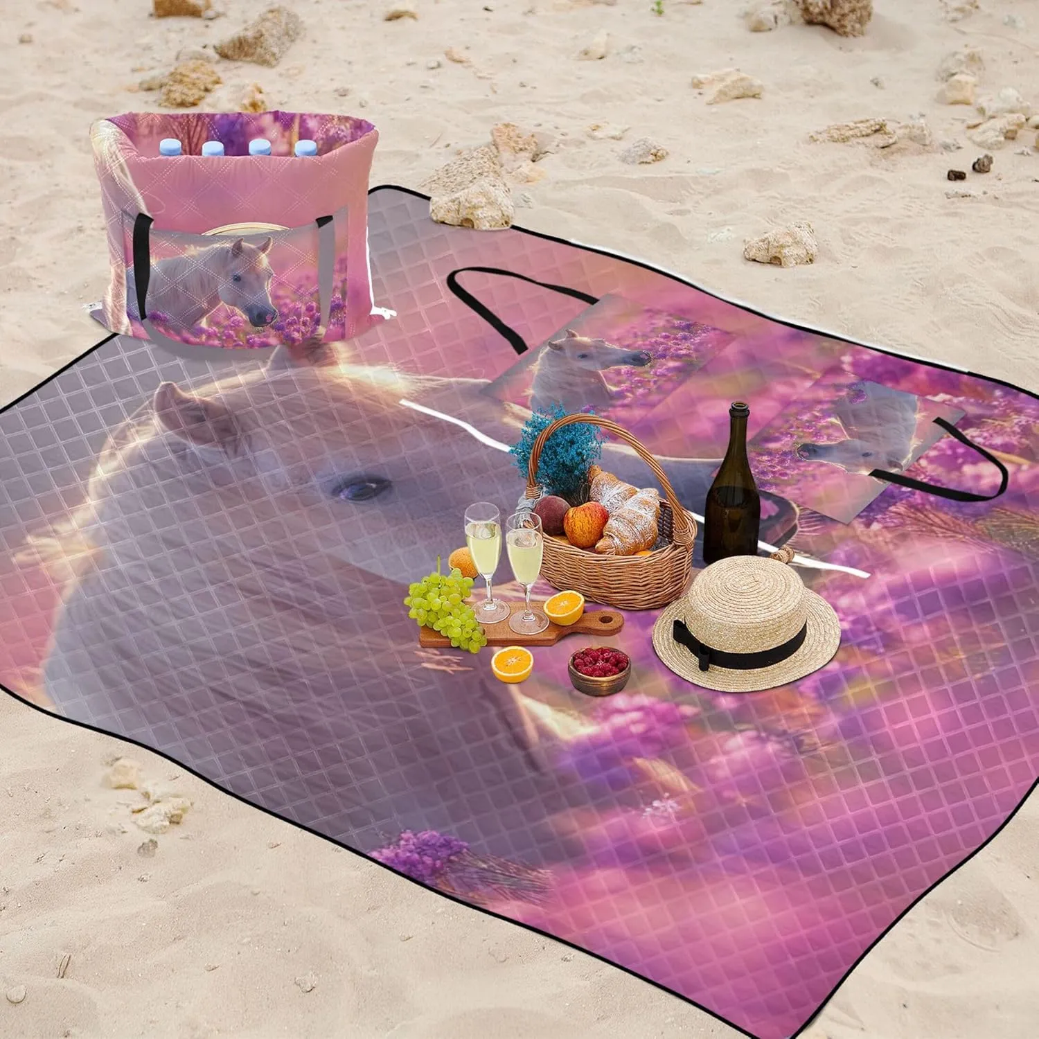 Palomino Horse Lavender Flower Picnic Supplies Foldable Mat Beach Blanket Waterproof Sandproof Floral Grass Mats for Camping 80" x 60"
