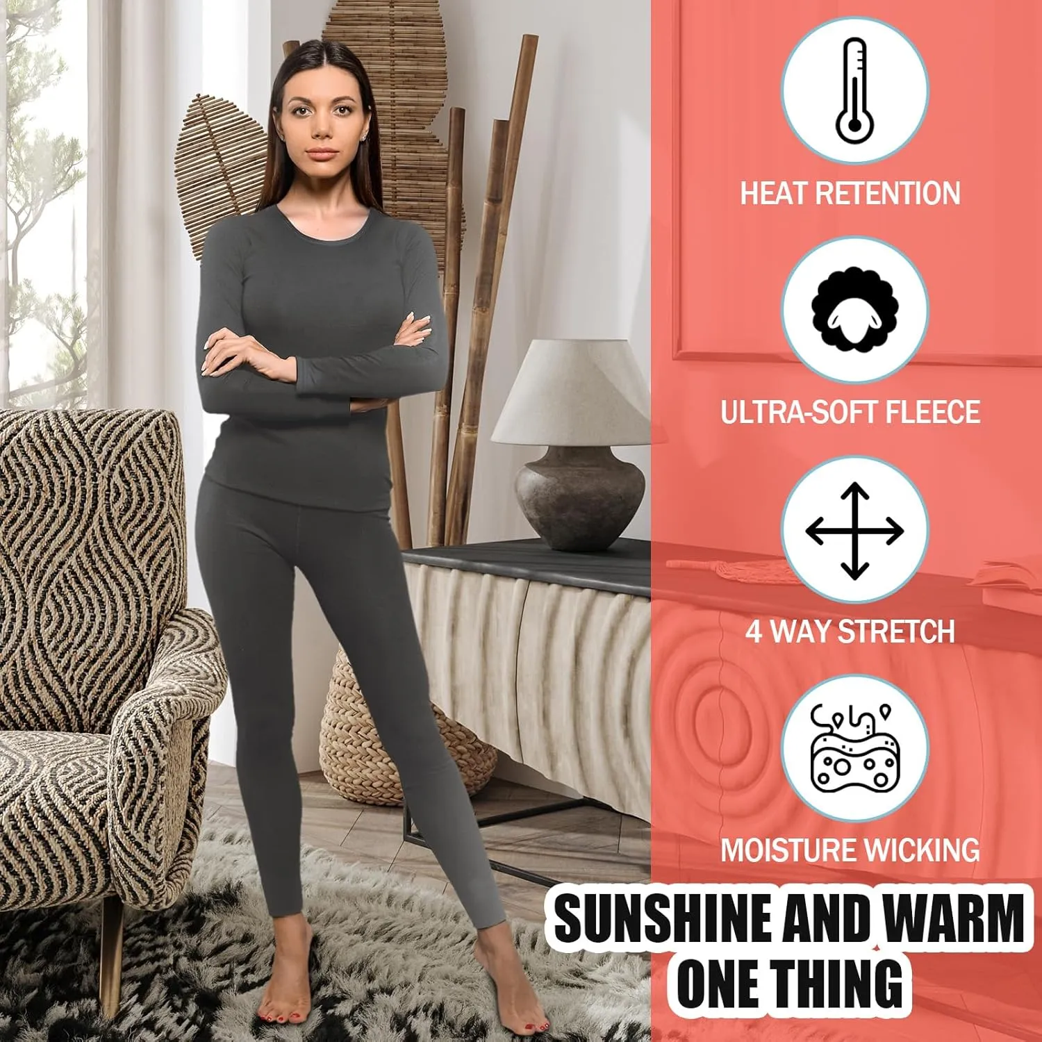Patelai 5 Set Women Thermal Underwear Sets Fleece Lined Long Johns Winter Warm Base Layer Top and Bottom for Cold Weather