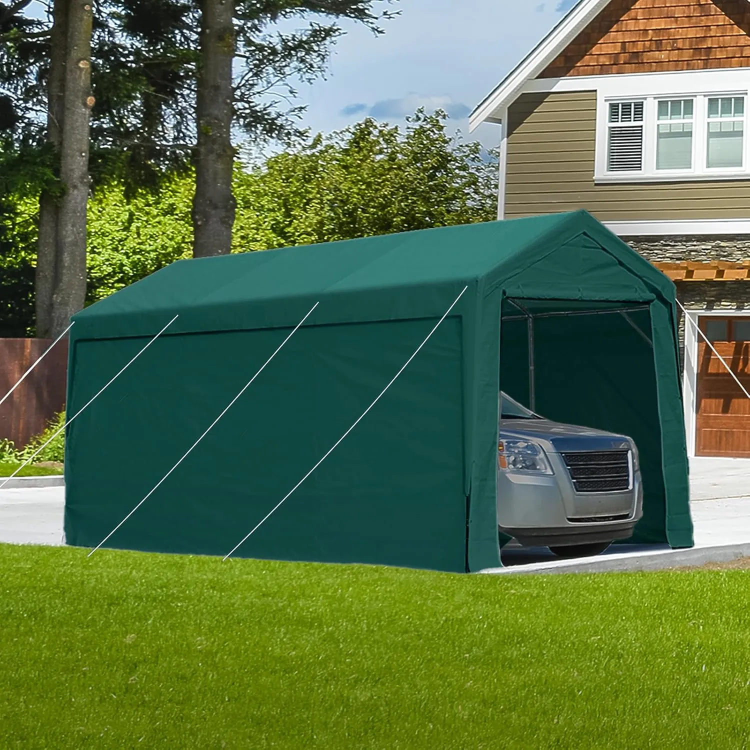 PEAKTOP OUTDOOR 10x20 ft Heavy Duty Carport with Removable Sidewalls, Portable Car Canopy, Garage Tent, Boat Shelter with Reinforced Triangular Beams, Green