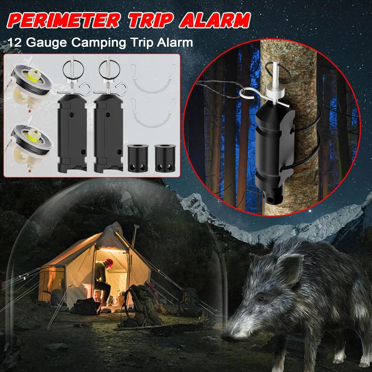 Perimeter Trip Alarm with with 22 Cal Loads Adapter, 12 Gauge Camping Trip Wire Alarm Camp Safe,Early Warning for Camping and Property Safety/Bear Deterrent (with Wire)
