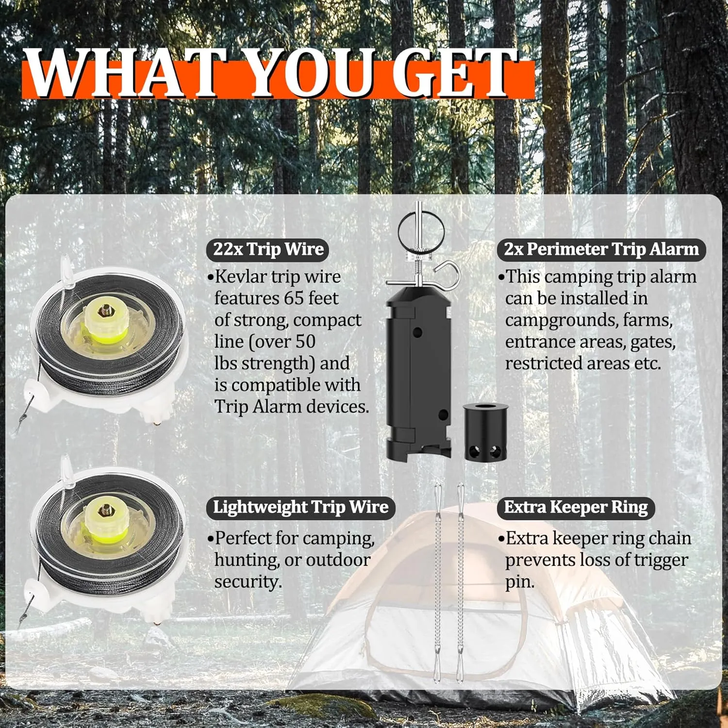 Perimeter Trip Alarm with with 22 Cal Loads Adapter, 12 Gauge Camping Trip Wire Alarm Camp Safe,Early Warning for Camping and Property Safety/Bear Deterrent (with Wire)