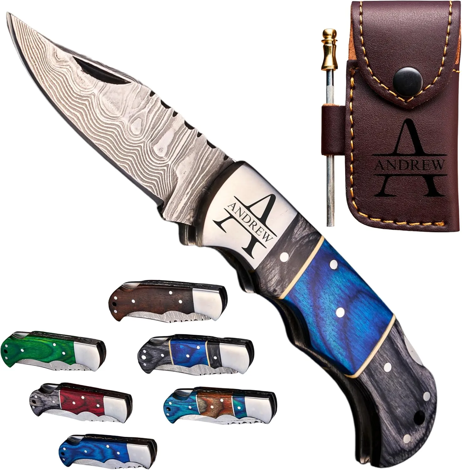 Personalized Handmade Damascus Pocket Knife - Folding -Hunting Knife, Folding Knives for Men with Wood Handle for Outdoor Survival Hunting Accessories, Gifts for Men, Boyfriend, Dad, Father’s Day Gift