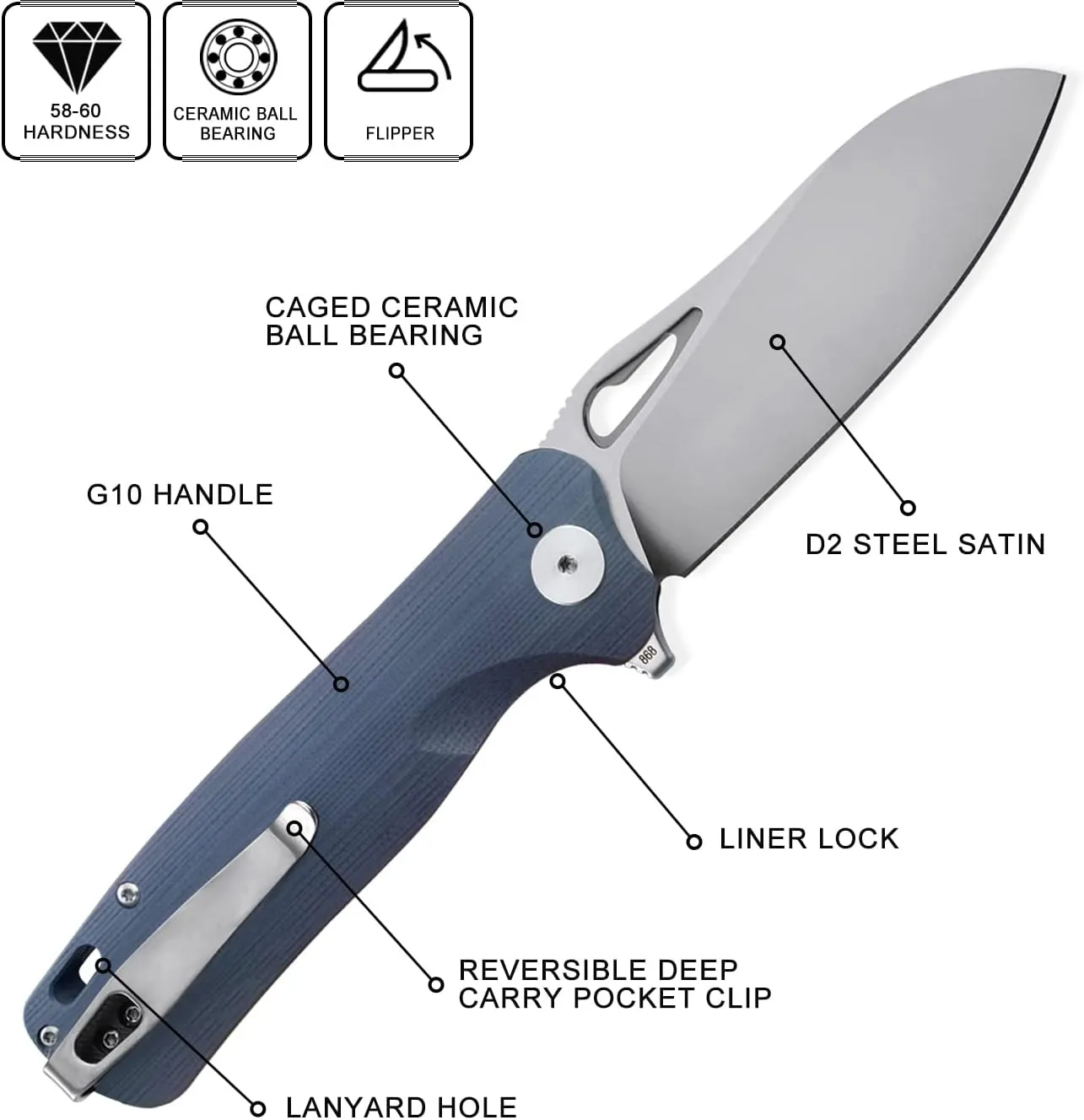 Petrified fish PF868 Bunta,3.35" D2 Satin Blade,146g G10 Handle Flipper Folding knife (Gray G10, Satin)