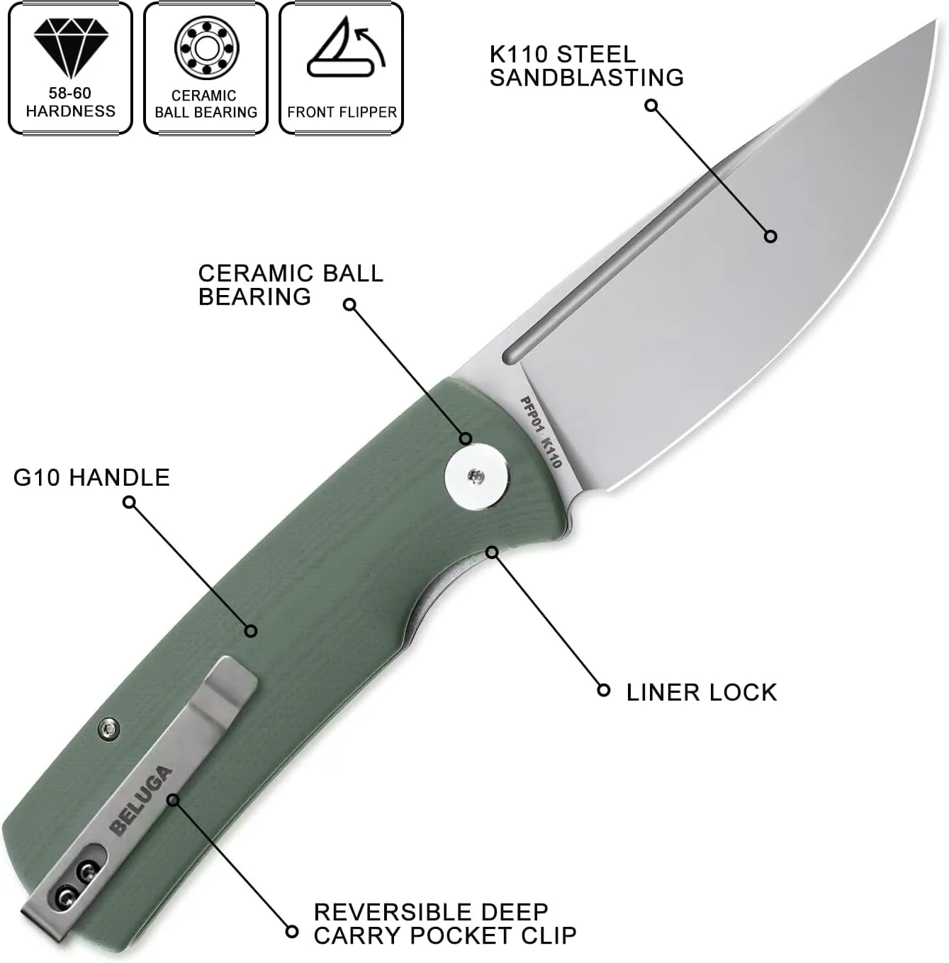 Petrified fish PFP01 k110 steel folding knife G10 handle Front flipper outdoor Camping survival hunting EDC tool knives (Green)