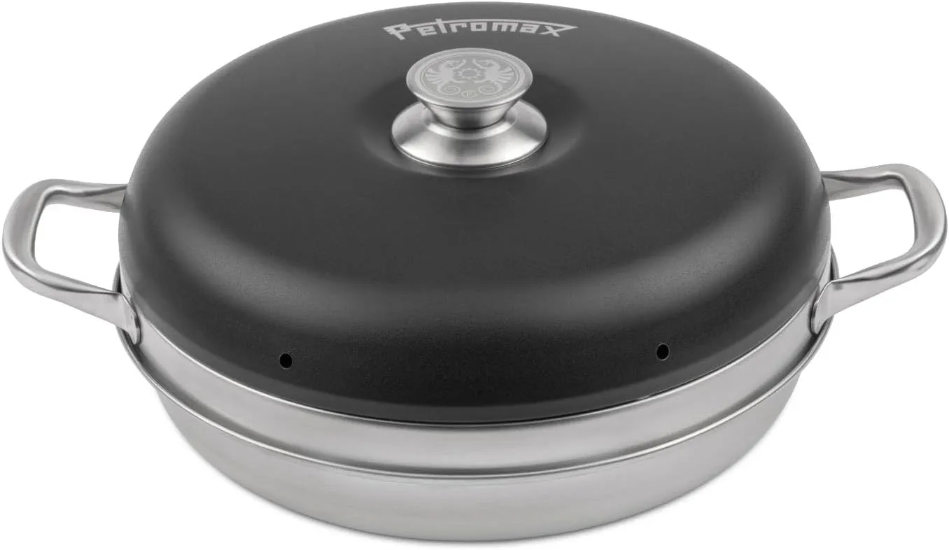 Petromax Camping Oven, Outdoor Baking Over Fire Stovetop or Hotplate, Portable for Campsite and Backyard, Stainless Steel, 2.1 Qt