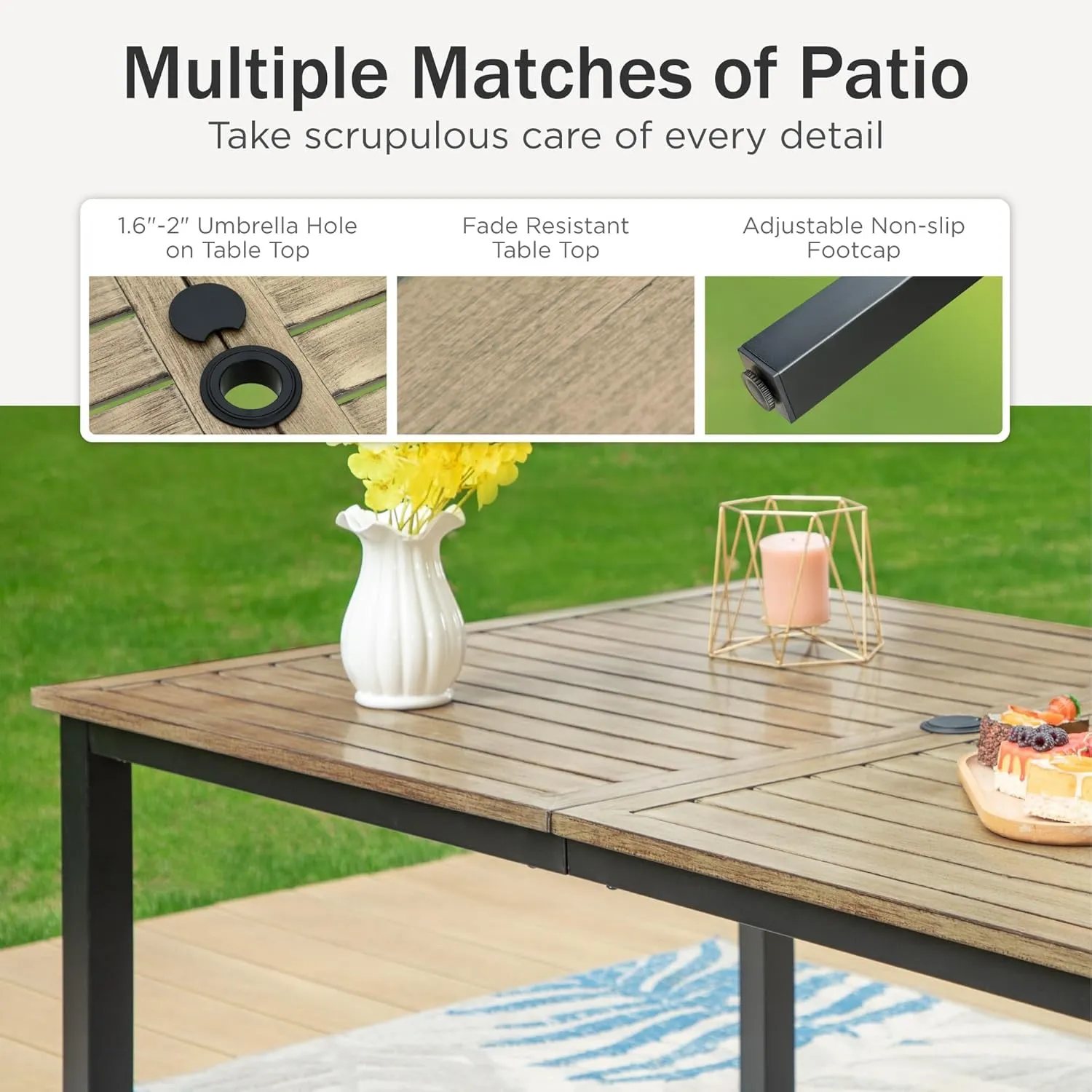 PHI VILLA 64" Rectangle Outdoor Dining Table, Patio Furniture Wood-Like Tabletop with Umbrella Hole for Patio Lawn Backyard Garden, Brown