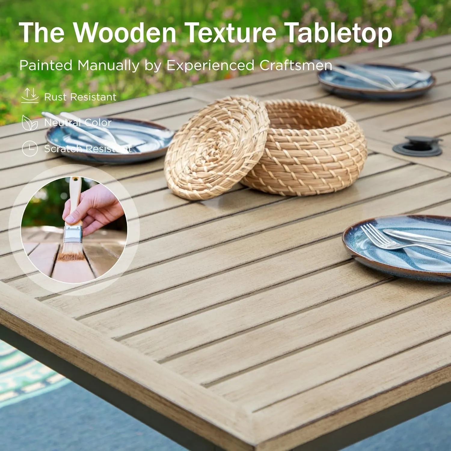 PHI VILLA 64" Rectangle Outdoor Dining Table, Patio Furniture Wood-Like Tabletop with Umbrella Hole for Patio Lawn Backyard Garden, Brown